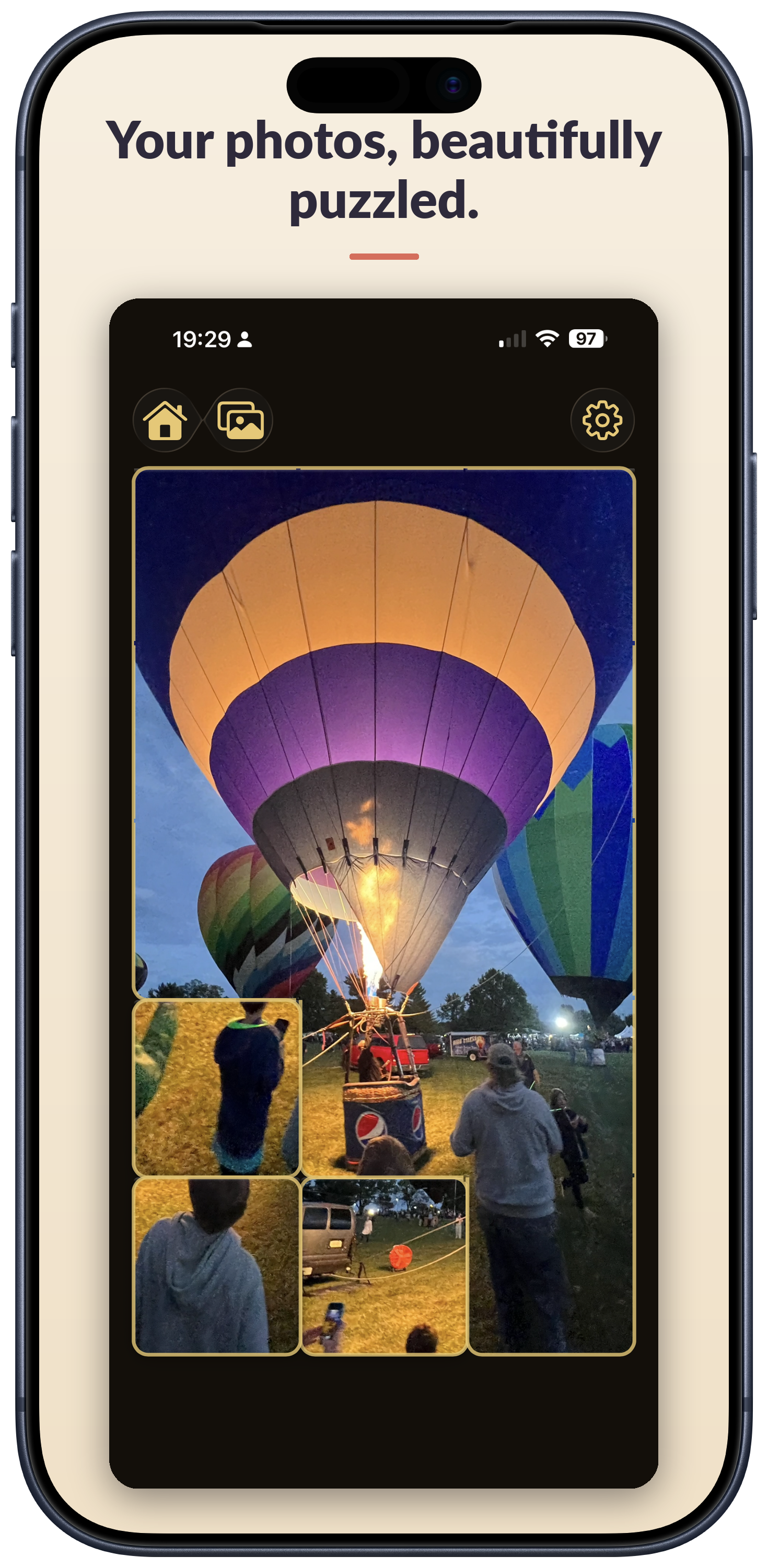 Hot air balloon image as a puzzle in progress.